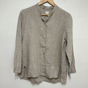 Poetry Striped 100% Linen Button Down Shirt  Womens 8 Tan Blue Relaxed Coastal